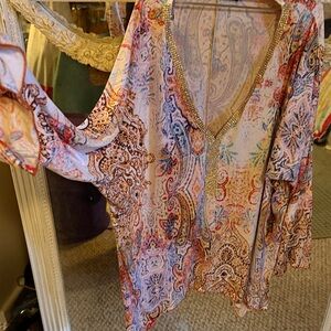 Colorful French Paisley flowy V-Neck Blouse with stones